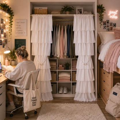 Ruffled Closet Curtain Panel Set - 42 x 80 Inches for Open Closet, Dorm Room