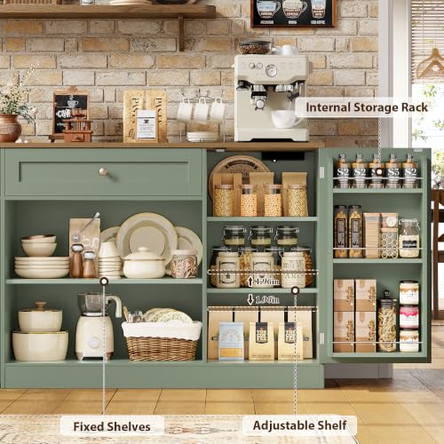 Green Kitchen Buffet Cabinet with Storage & Rolling Cart - 59 Inch