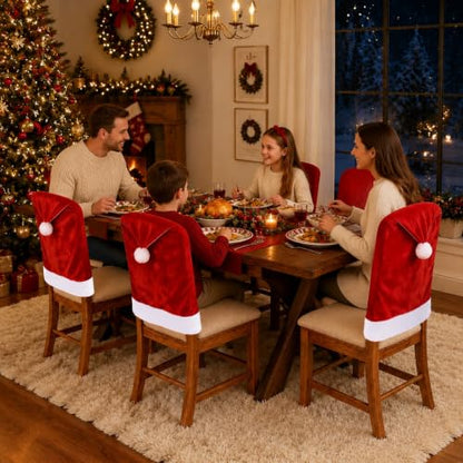 4 Pack Christmas Santa Hat Velvet Chair Covers - Festive Holiday Seat Decor