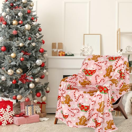 Pink Christmas Fuzzy Blanket Gingerbread Man & Candy Cane Throw 50x60 Inches