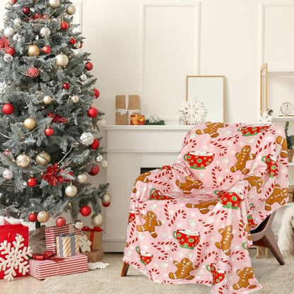 Pink Christmas Fuzzy Blanket Gingerbread Man & Candy Cane Throw 50x60 Inches