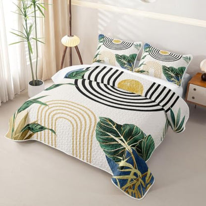 Boho Navy Blue and Green Quilt Set - Light Blue Abstract Bedspread, Queen Size