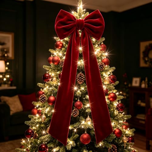 Christmas Tree Topper Bow - Red Velvet 15.8 x 78 Inches Extra Long Holiday Decor