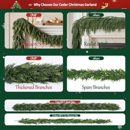 10FT Realistic Cedar Garland - Holiday Christmas Wreath & Decor - Variation of 1
