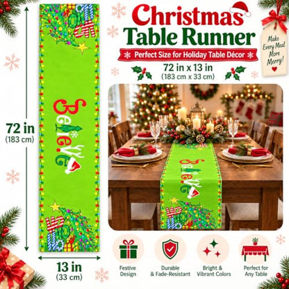 Christmas Green Linen Table Runner 13x72 Inch Holiday Decor