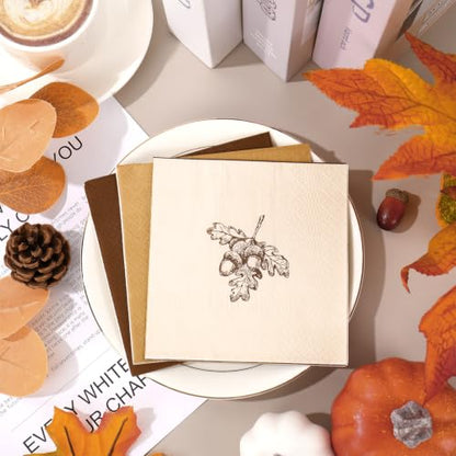 Fall Thanksgiving Cocktail Napkins with Turkey and Acorn Design - 60 Pack