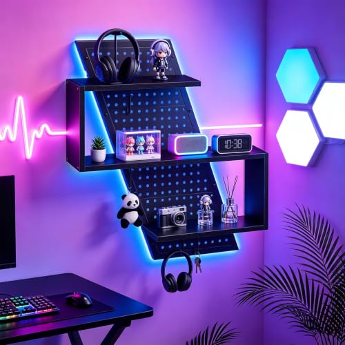 Black S-Shaped Gaming Floating Shelf with LED Light Strip, 3 Tiers & Hooks