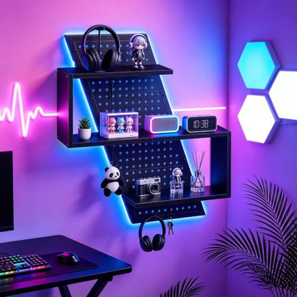 Black S-Shaped Gaming Floating Shelf with LED Light Strip, 3 Tiers & Hooks