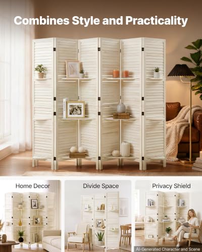 Wood Room Divider 6 Panels Folding Privacy Screen with Shelves - VEVOR, White Variation