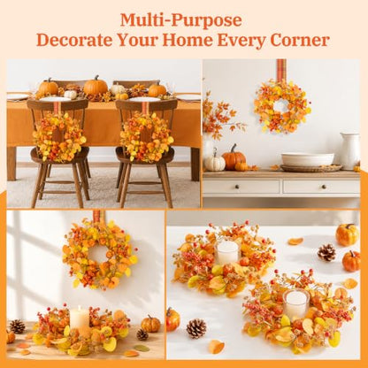 Thanksgiving Mini Eucalyptus Wreath Set - 2 Pcs Fall Decor with Plaid Ribbons