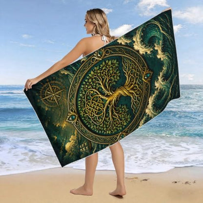 Nordic Viking Waves Tree of Life Beach Towel 36x72 Inches Large Absorbent Quick Dry