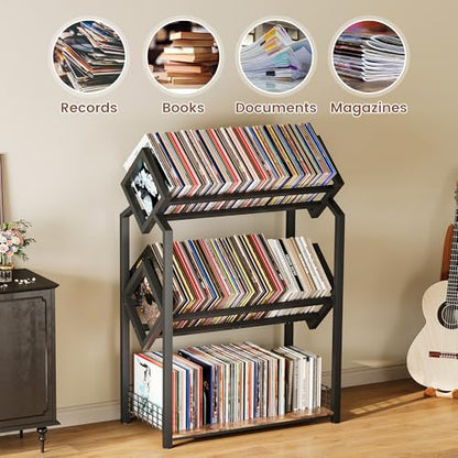 Homeiju 3-Tier Vinyl Record Storage Holder with Dividers - Space-Saving LP Organizer