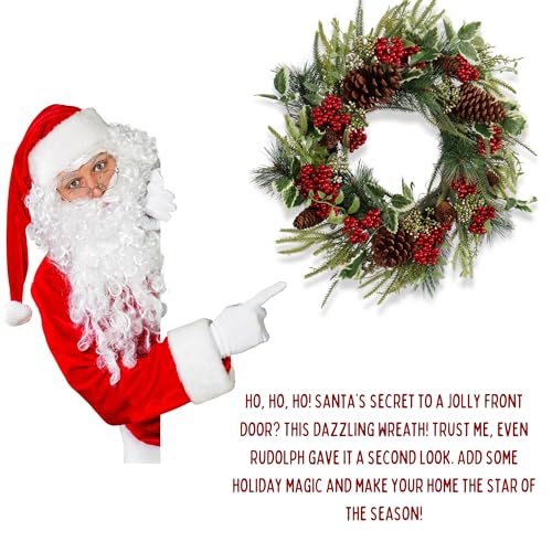 20 Inch Christmas Wreath with Holly Leaves - Artificial Door Holiday Decor