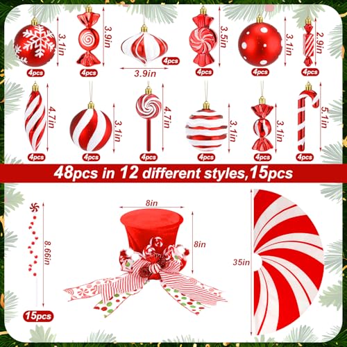 Candy Cane Christmas Decorations Set with Tree Skirt and Topper - Holiday Peppermint Theme