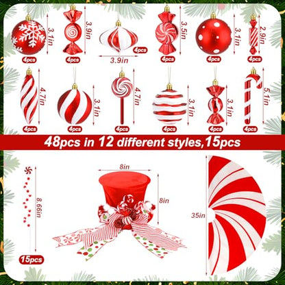 Candy Cane Christmas Decorations Set with Tree Skirt and Topper - Holiday Peppermint Theme