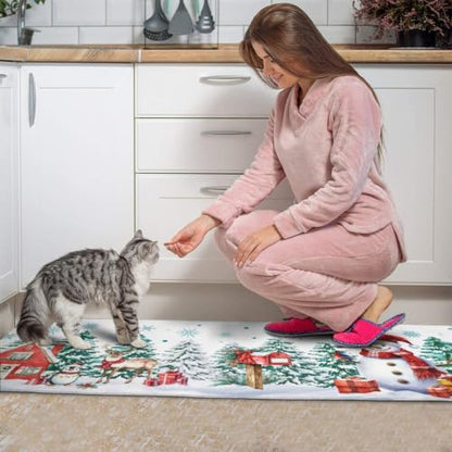 White Green Christmas Kitchen Rugs Set 17x47 & 17x30 Inches Snowman Tree Decor