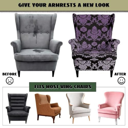Purple Damask Floral Wingback Chair Slipcover with Elastic Bottom - Stain Resistant Furniture Protector for Living Room & Bedroom - BYCHECAR