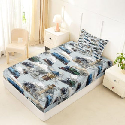 Vintage Steam Engine Twin Fitted Sheet Set for Kids - Gray Blue, Deep Pocket 2Pcs with Pillowcase