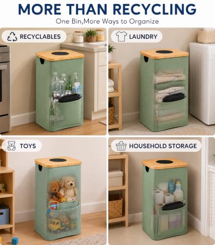 Recycling Bin for Kitchen with Bamboo Lid - Green, 26 Gallon Capacity