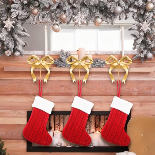 MorningRo 6 Pcs Gold Bow Christmas Stocking Holder Hooks for Mantel - Classic