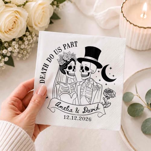 Personalized Gothic Skeleton Wedding Cocktail Napkins - Couple 1734 Halloween Wedding Decor