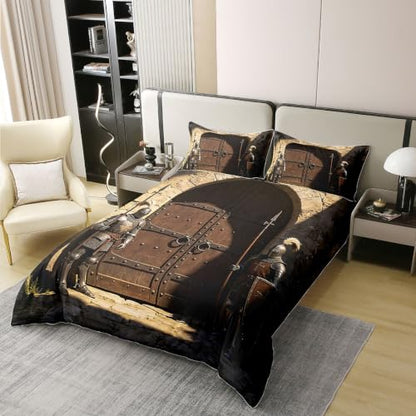 Medieval Knight Duvet Cover Set Twin Size Black Brown White - Kids Bedding