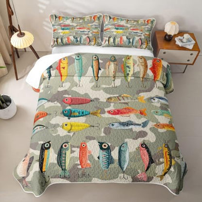 Feelyou Fishing Quilt Set for Queen Bed Sea Fishing Coverlet Bedding with Pillowcases - Moss Green & Multicolor
