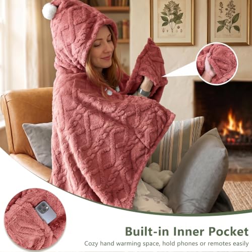 Watermelon Red Hooded Fleece Poncho Cape with Pom Pom for Women 55x39in - Divguf