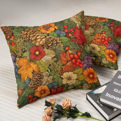 Autumn Woodland Floral Throw Pillow Covers Set of 2 - 18x18 Inch Fall Leaf Cushion Cases for Home Decor