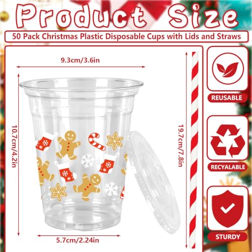 Christmas Plastic Cups with Lids & Straws - Gingerbread Man Design, 12oz, Pack of 50