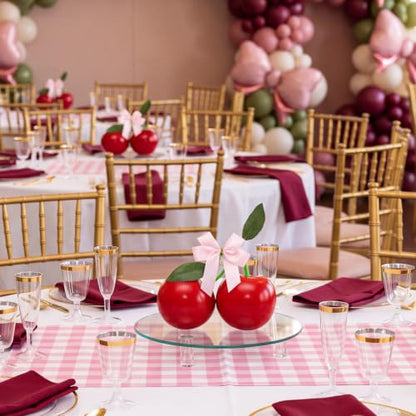 Large Cherry Party Decorations Set - Pink Satin Bows, Fake Red Cherries, Wedding & Event Decor