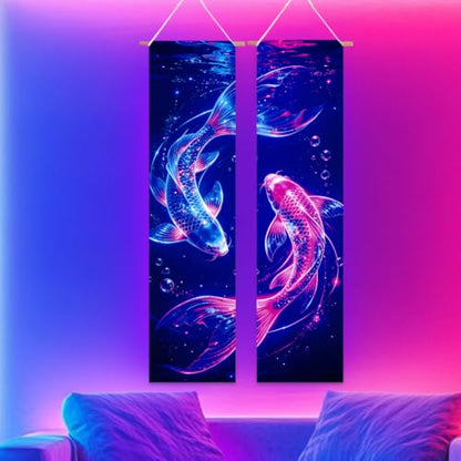 Blacklight Koi Fish Tapestry Set - UV Glow Wall Decor for Bedroom