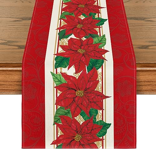 Poinsettia Xmas Table Runner 13x72 Inch - Red Holiday Home Decor