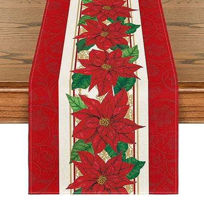 Poinsettia Xmas Table Runner 13x72 Inch - Red Holiday Home Decor
