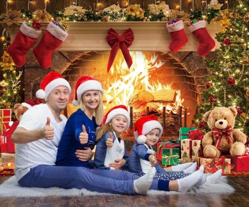 Christmas Fireplace Backdrop 7x5FT Vintage Stocking Xmas Tree Photography Background Brown