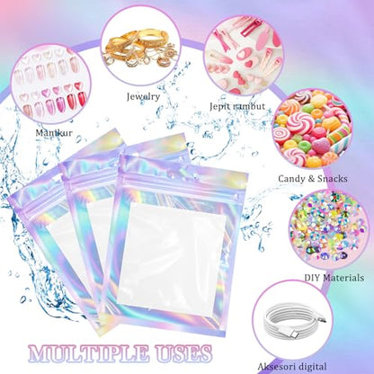 Medium Holographic Nail Packaging Bags Set with Double-Sided Tape and Cardboard - 50 Pieces