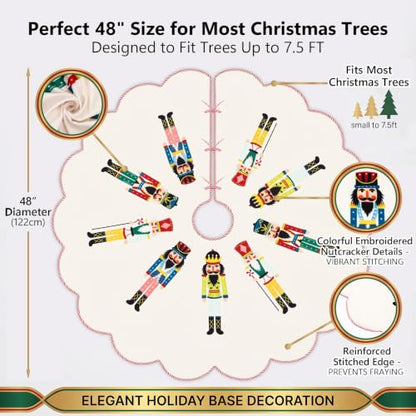 48 Inch Quilted Christmas Tree Skirt with Nutcracker Design - Holiday Decor