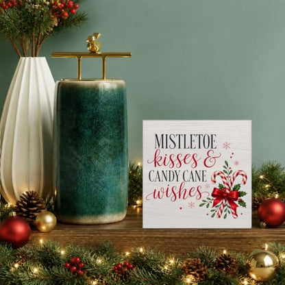 Christmas Candy Cane Mistletoe Wooden Sign - Wishes Holiday Table Decor