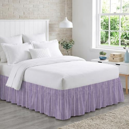 Lavender Linen Bed Skirt with Parallel Vertical Stripes - Queen 16 Inch Drop - Adjustable Elastic Wrap-Around Dust Ruffle