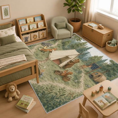 Sage Green and Cream Woodland Camping Area Rug 3x5 - Kids Playroom Decor