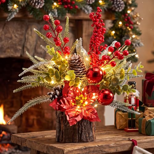 Christmas Tree Table Centerpiece with LED Lights - Red Poinsettia Variation