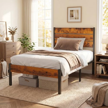 Sturdy Wood Bed Frame with Headboard, Heavy Duty Support Platform, No Box Spring Needed