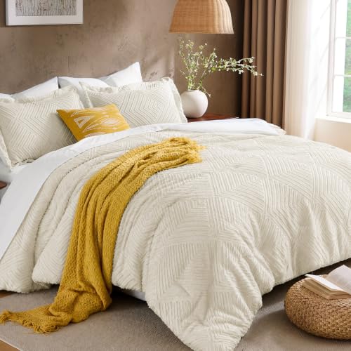 Queen Comforter Set 7-Piece Boho Tufted Bed in a Bag Beige & White