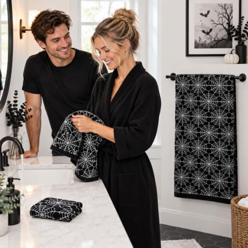 Halloween Cotton Towels Set of 3 with Spider Web Design - Black & White Decor