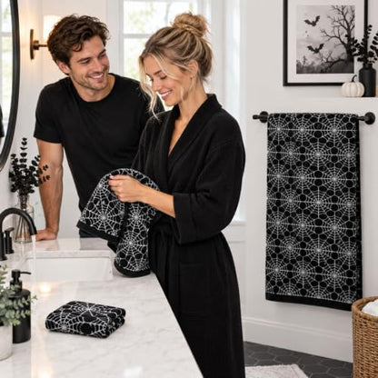 Halloween Cotton Towels Set of 3 with Spider Web Design - Black & White Decor
