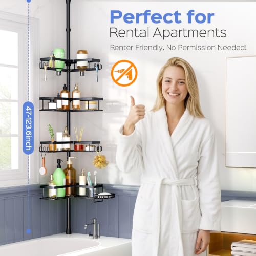 HAMITOR Shower Caddy Tension Pole 4-Tier Corner Storage Bathroom Organizer - Black