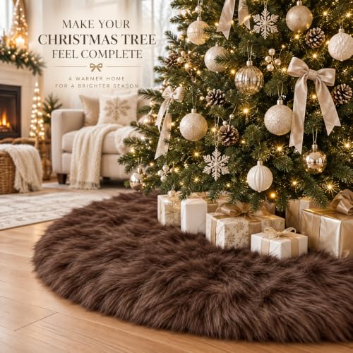 36 Inch Christmas Tree Skirt - Brown Faux Fur Plush Holiday Decor