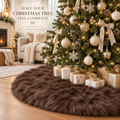 36 Inch Christmas Tree Skirt - Brown Faux Fur Plush Holiday Decor