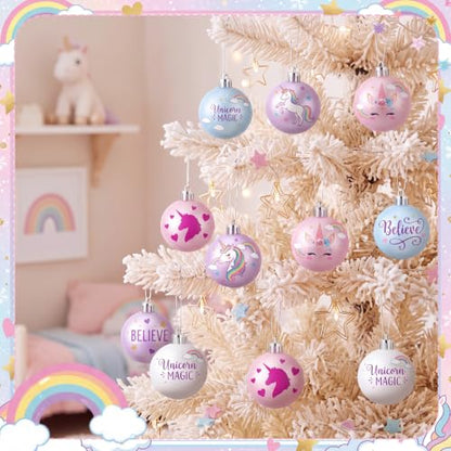 Unicorn Christmas Ornaments Set - 24 Fairy Tale Tree Decorations - Pink Purple Blue