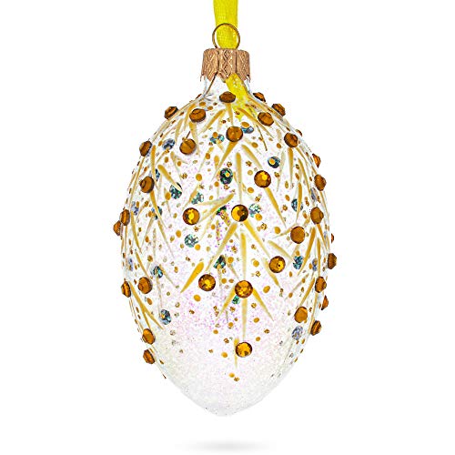Hand-Painted Ukrainian Glass Christmas Ornament - Gold Branches Egg, 4 Inches